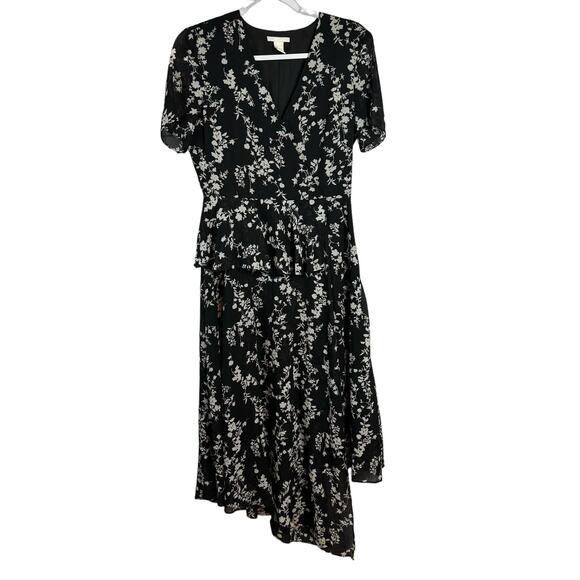 H&M Black W/ White Floral Print V-Neck Short Sleeve Dress Size 8 - Picture 1 of 5